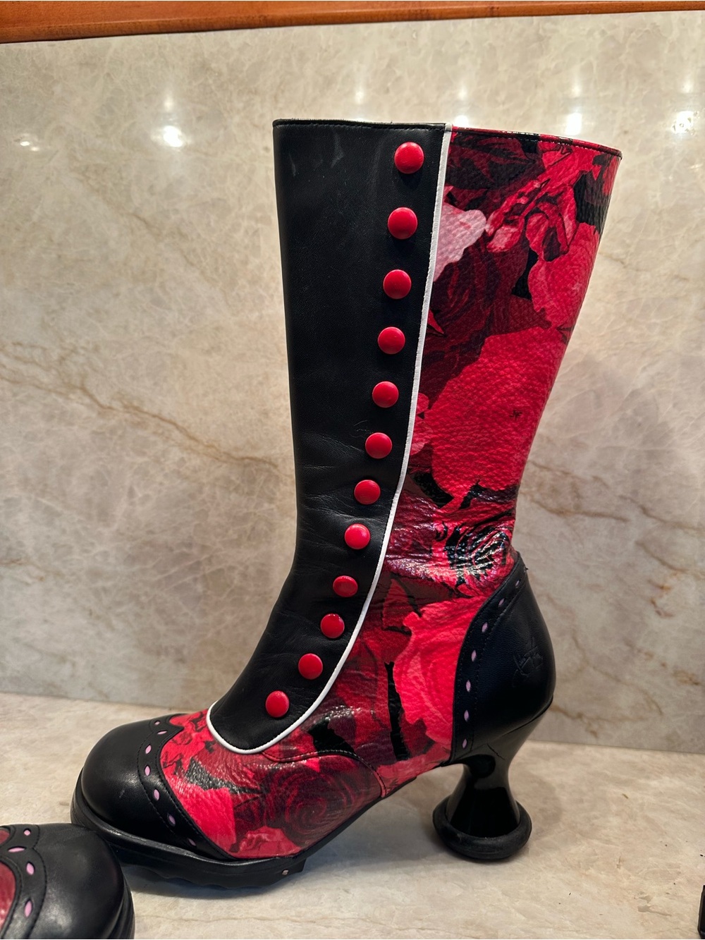Fluevog Babycakes. Black and Red Floral — Women's Statement Boots - Picture 5 of 12